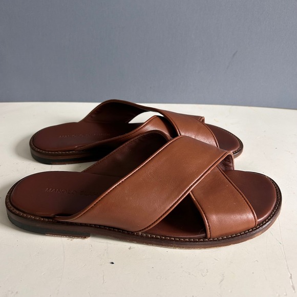 Manolo Blahnik Sandals Mens size 7 Brown Leather Criss Cross Slide Italy Euro - Picture 2 of 9